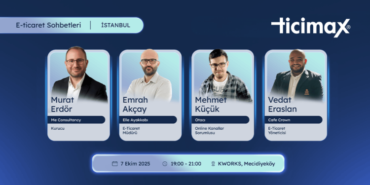 Ticimax E-Ticaret Sohbetleri İstanbul 2025 etkinlik görseli – 7 Ekim’de KWORKS Mecidiyeköy’de düzenlenecek, e-ticarette satış artırma yolları.