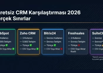 Ücretsiz CRM karşılaştırma tablosu 2026 — HubSpot 2 kullanıcı 1000 kontak Zoho 3 kullanıcı 5000 kontak Bitrix24 sınırsız kullanıcı Freshsales SuiteCRM gerçek limitler