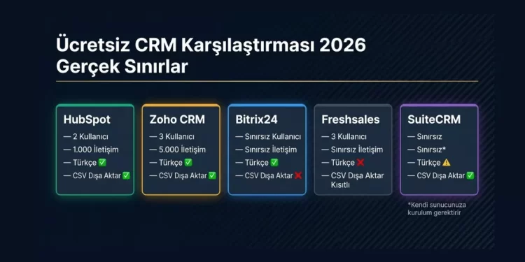 Ücretsiz CRM karşılaştırma tablosu 2026 — HubSpot 2 kullanıcı 1000 kontak Zoho 3 kullanıcı 5000 kontak Bitrix24 sınırsız kullanıcı Freshsales SuiteCRM gerçek limitler