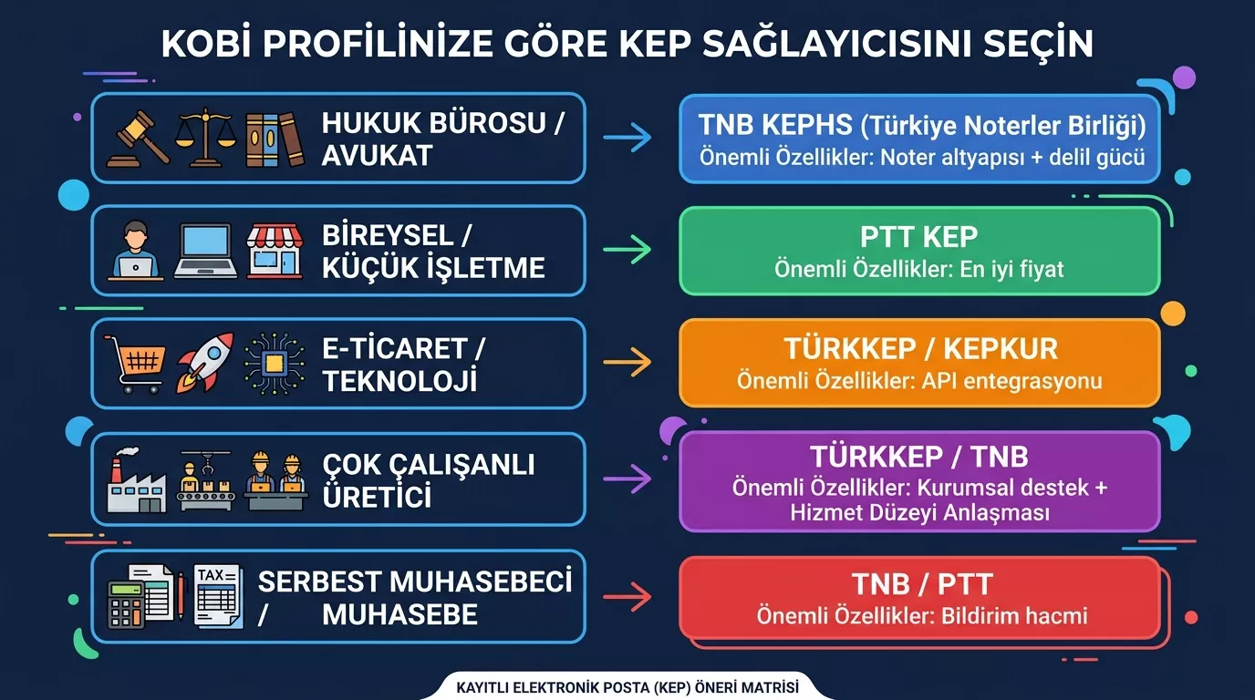 KOBİ profiline göre KEP sağlayıcısı seçim matrisi 2026 — hukuk bürosu, e-ticaret, üretici ve muhasebe bürosu için öneriler