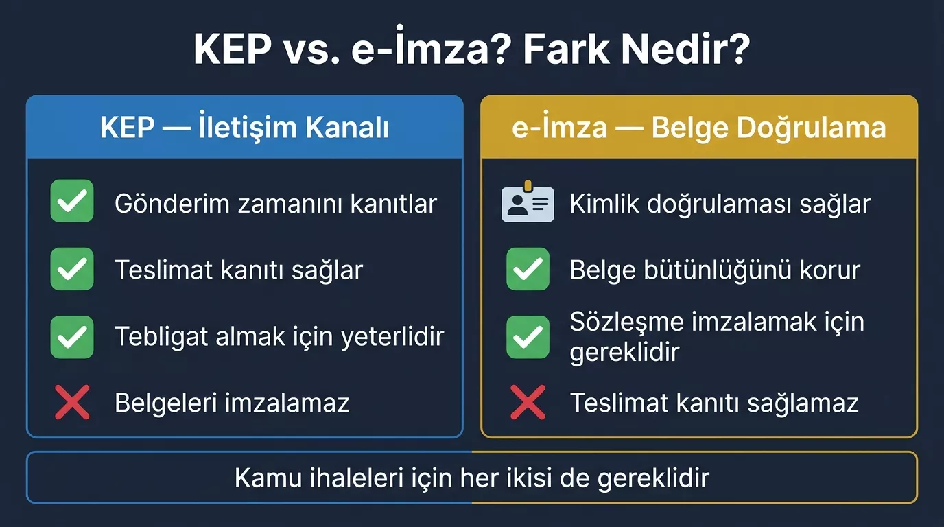 KEP ve e-İmza arasındaki fark 2026 — KEP iletişim kanalı teslim delili, e-İmza belge doğrulama kimlik güvencesi karşılaştırması