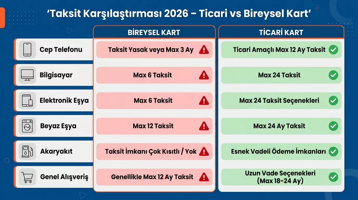Ticari kredi kartı taksit sayısı 2026 – bireysel kart ile karşılaştırma tablosu