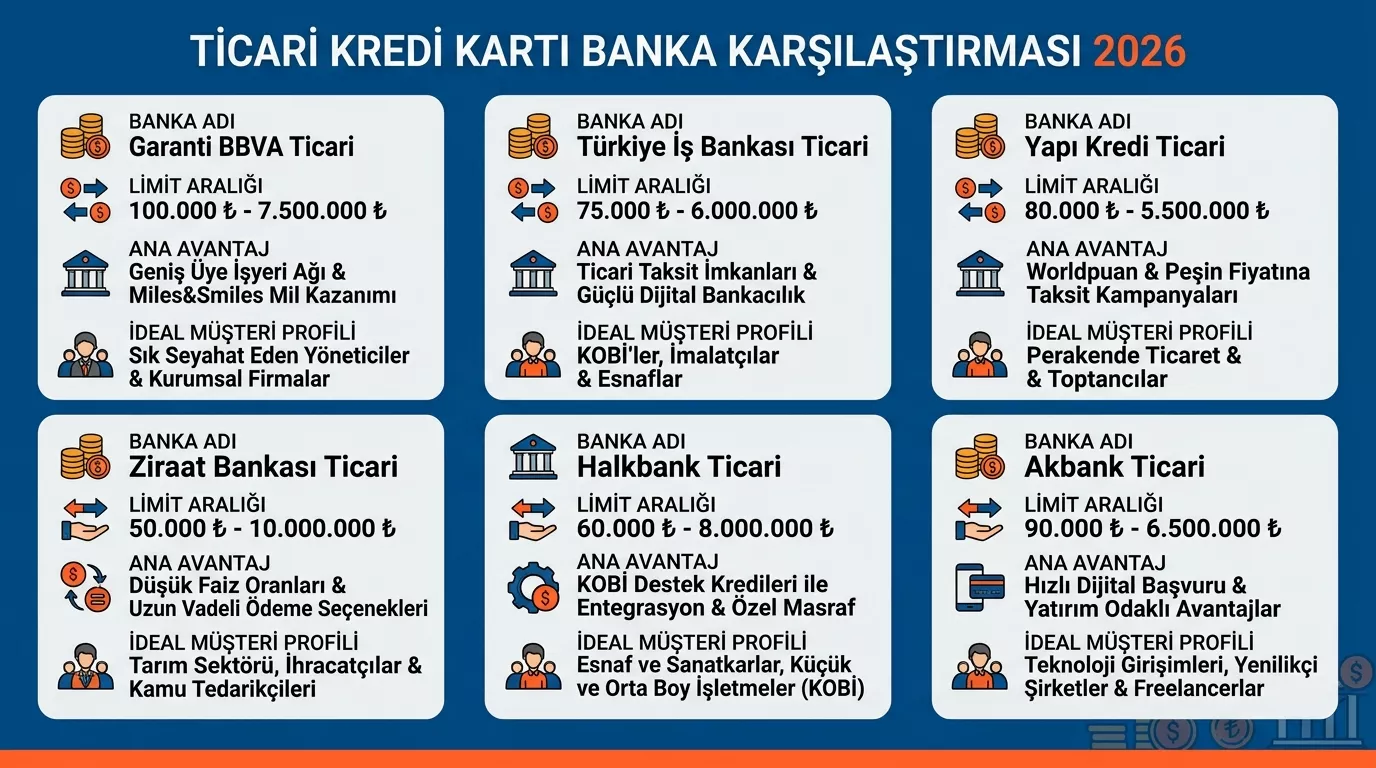 2026 ticari kredi kartı banka karşılaştırması – Garanti, İş Bankası, Yapı Kredi, Ziraat, Halkbank