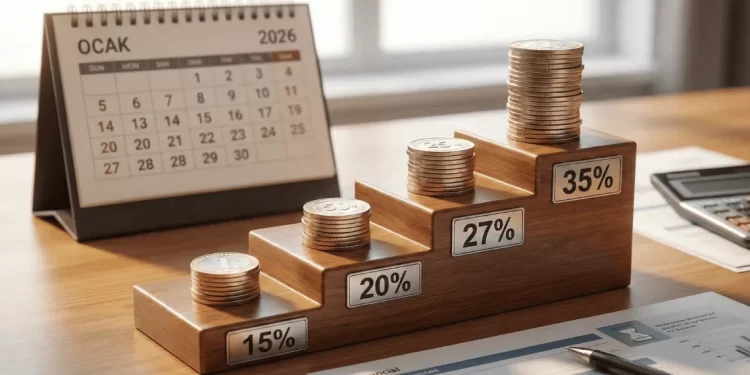 2026 gelir vergisi dilimleri artış basamaklarını gösteren madeni para ve yüzde grafiği