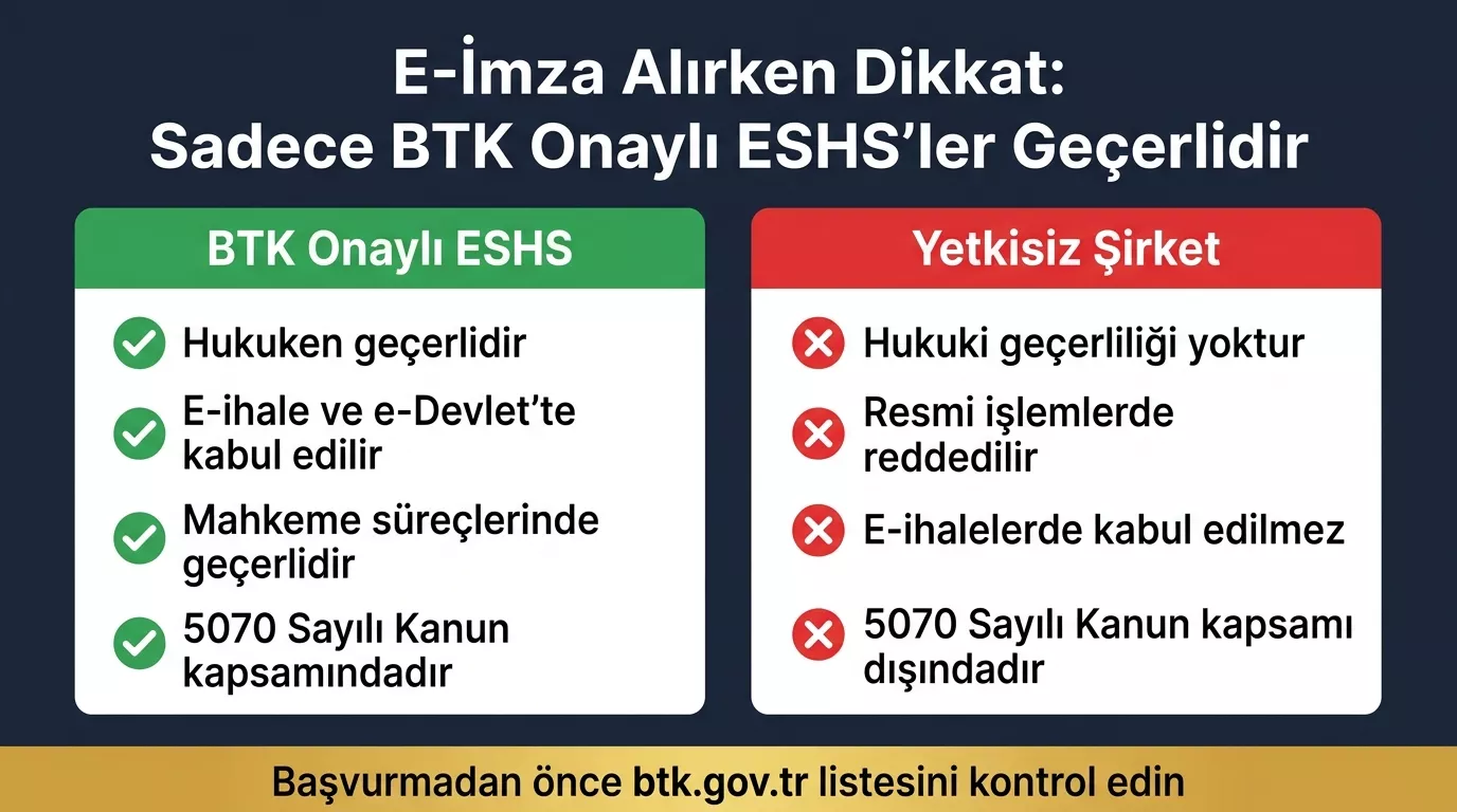 BTK onaylı ESHS ve akredite olmayan sağlayıcı farkı — yalnızca BTK onaylı elektronik sertifika hizmet sağlayıcılarından alınan e-imza yasal geçerlilik taşır