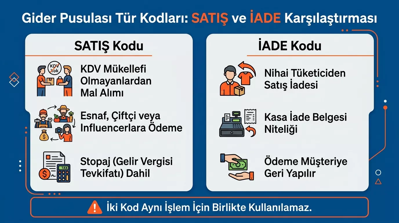 e-Gider pusulası belge türü kodları – SATIŞ ve İADE kodu farkı ve kullanım senaryoları