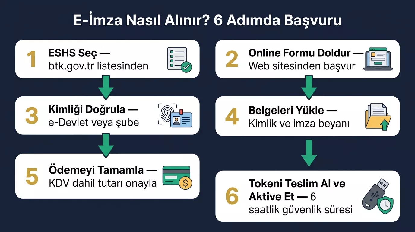 E-imza nasıl alınır 2026 — BTK onaylı ESHS'den 6 adımda online başvuru süreci, kimlik doğrulama ve token aktivasyonu