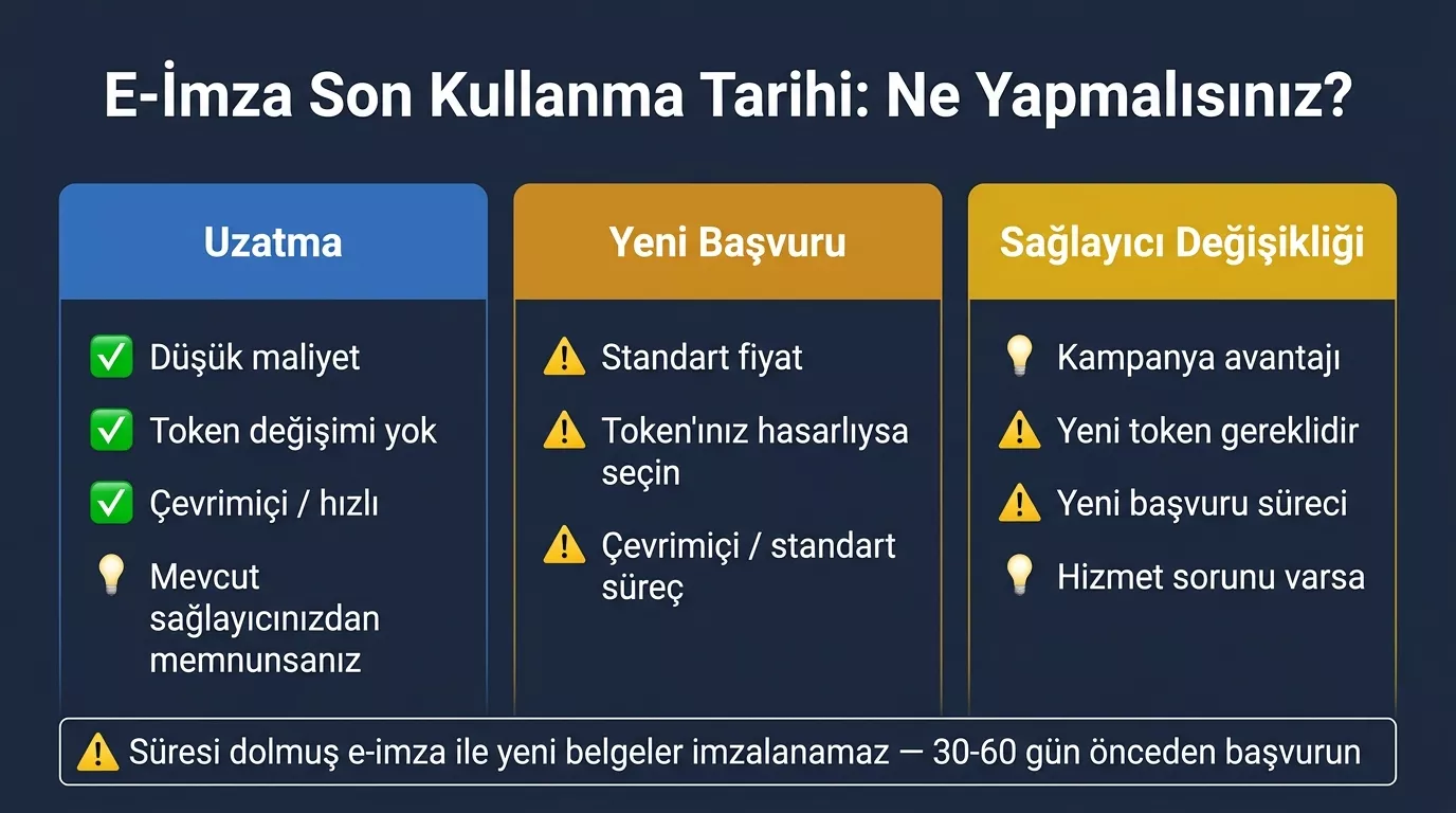 E-imza süre uzatımı mı yeni başvuru mu 2026 — maliyet karşılaştırması, ne zaman sağlayıcı değiştirilmeli ve 30-60 gün önceden başvuru uyarısı
