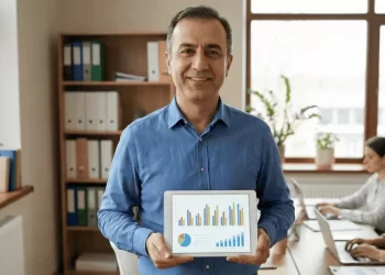 ERP nedir sorusuna çözüm arayan KOBİ patronu ofisinde tablet ile işlerini yönetiyor.