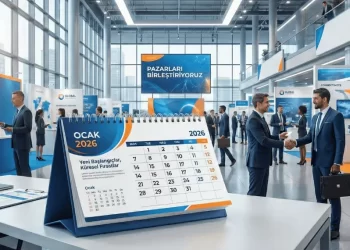 Ocak 2026 takvim yaprağı üzerinde fuar alanı illüstrasyonu ve iş insanları.