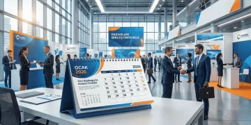 Ocak 2026 takvim yaprağı üzerinde fuar alanı illüstrasyonu ve iş insanları.