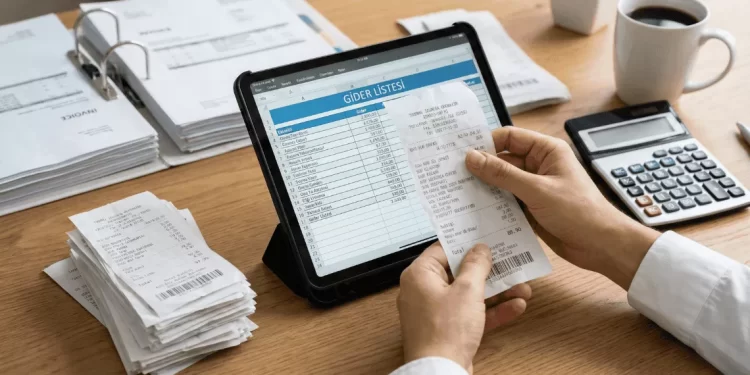 Şahıs şirketi gider gösterme listesini kontrol eden ve fişleri düzenleyen işletme sahibi.