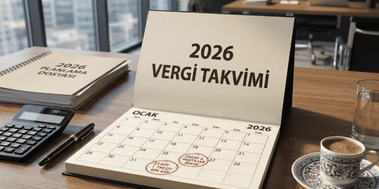 2026 yılı vergi takvimi üzerinde KDV, MTV ve Muhtasar ödeme tarihlerinin işaretlendiği profesyonel ofis masası görseli.