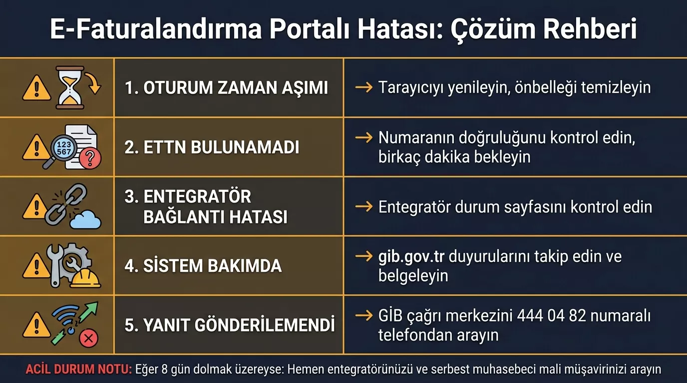 E-fatura iptal portalı hata veriyor 2026 — oturum zaman aşımı ETTN bulunamıyor entegratör hatası sistem bakımı çözüm rehberi GİB 444 04 82