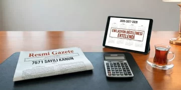 7571 Sayılı Kanun kapsamında enflasyon muhasebesinin 3 yıl ertelenmesini temsil eden vergi levhası ve takvim görseli.