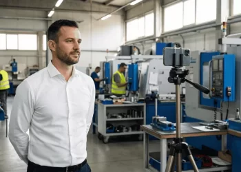 KOSGEB 2026 İş Geliştirme Desteği başvurusu için modern ve geniş bir imalathanede 10 dakikalık tanıtım videosu çeken beyaz gömlekli Türk girişimci.
