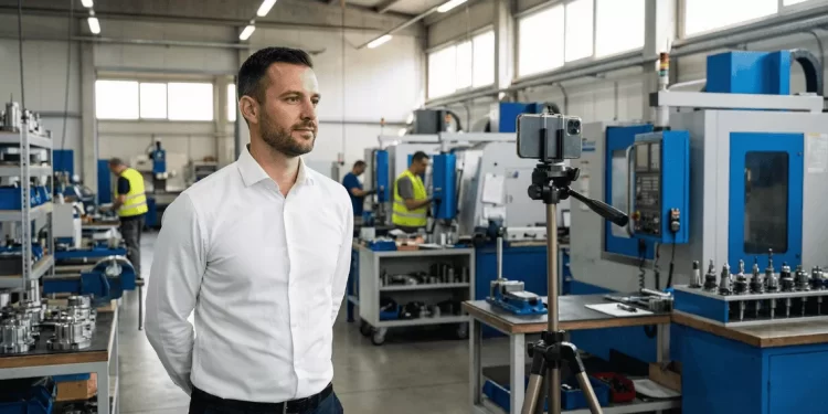 KOSGEB 2026 İş Geliştirme Desteği başvurusu için modern ve geniş bir imalathanede 10 dakikalık tanıtım videosu çeken beyaz gömlekli Türk girişimci.