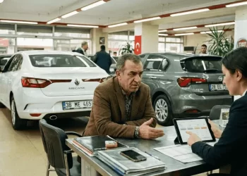 Bir araba showroomunda 2026 binek otomobil vergi avantajlarını tartışan KOBİ sahibi ve satış temsilcisi