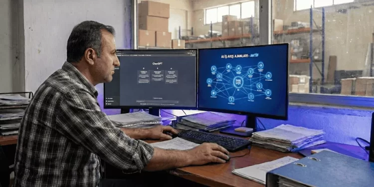 Ofisindeki büyük ekranda 2026 yapay zeka strateji raporunu ve ROI analizlerini inceleyen ileri görüşlü KOBİ sahibi fotoğrafı.