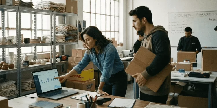 İstanbul'daki bir üretim atölyesinde, Türk kadın patronun erkek çalışanıyla birlikte laptop ekranı üzerinden 2026 e-ihracat hedeflerini ve kargo operasyonunu planladığı, arka planda sevkiyat kutularının görüldüğü gerçekçi fotoğraf.