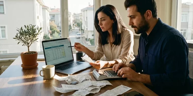 İstanbul'da güneş alan modern bir ofiste, masaları faturalarla dolu iki genç girişimci (bir kadın ve bir erkek), dizüstü bilgisayardaki tablo ve hesap makinesi yardımıyla 2026 yılı şahıs şirketi vergi giderlerini hesaplarken
