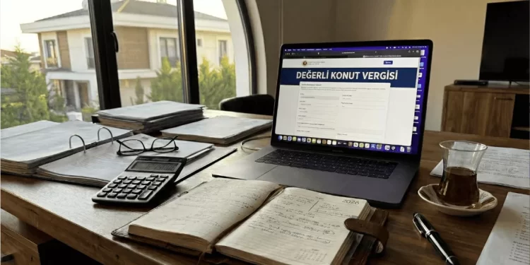 2026 Değerli Konut Vergisi beyan ekranının açık olduğu dizüstü bilgisayar, hesap makinesi, mali evraklar, Türk çayı ve Şubat ayına ayarlı ajandanın bulunduğu lüks çalışma masası.
