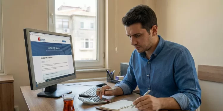 2026 geçici vergi beyannamesi süresinin uzatılıp uzatılmadığını kontrol ederken, dijital vergi dairesi ekranında modern hesap makinesiyle vergi hesaplaması yapan genç bir KOBİ patronu ve masasında duran mali evraklar.