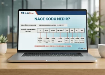 Modern bir ofis masasında laptop ekranında sergilenen, 2026 güncel NACE kodu hiyerarşisi ve SGK sicil numarası üzerinden faaliyet kodu öğrenme şeması.