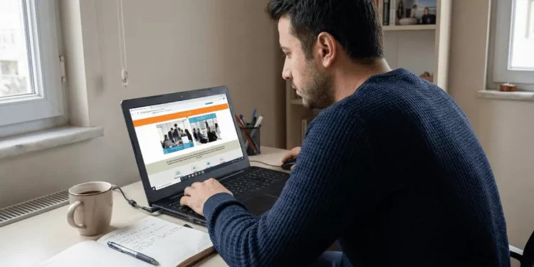 2026 yılı KOSGEB online girişimcilik eğitimi videolarını tek kişilik ofisinde dikkatle takip eden ve dijital sertifika sürecini tamamlayan genç bir erkek girişimci.