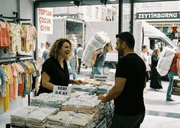 İstanbul Zeytinburnu'ndaki bir toptan çocuk giyim mağazasında ürünleri inceleyen butik sahibi ve showroom atmosferi.