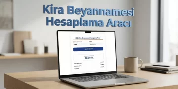 Bir bilgisayar ekranında açık olan 2026 Mart dönemi kira beyannamesi hesaplama aracı; aylık kira bedeli girişi ve vergi matrahı sonuç ekranı.