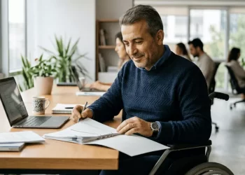 Engelli çalışan ofiste evrak incelerken — 2026 engelli vergi indirimi tutarları, derece bazlı başvuru ve hesaplama rehberi
