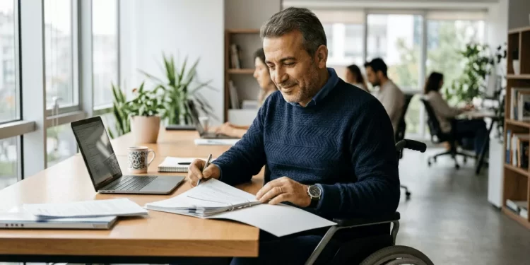 Engelli çalışan ofiste evrak incelerken — 2026 engelli vergi indirimi tutarları, derece bazlı başvuru ve hesaplama rehberi
