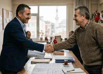 Kat maliki ve müteahhit kentsel dönüşüm sözleşmesi imzalarken — 2026 Yarısı Bizden hibe desteği başvuru rehberi