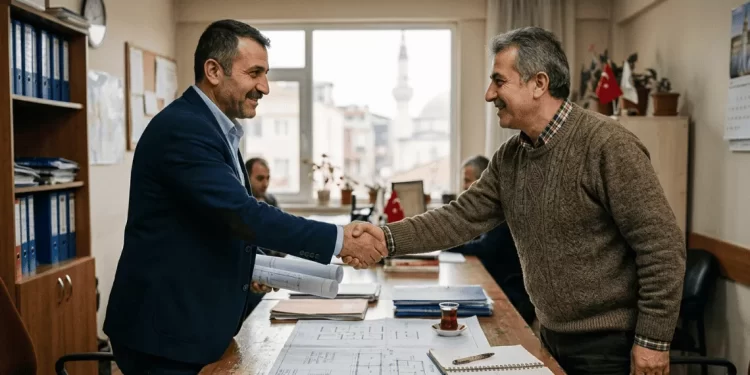 Kat maliki ve müteahhit kentsel dönüşüm sözleşmesi imzalarken — 2026 Yarısı Bizden hibe desteği başvuru rehberi
