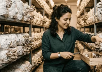 Genç girişimci mantar üretim odasında istiridye mantarı hasatlarken — KOSGEB mantar yetiştiriciliği kursu ve destek rehberi 2026