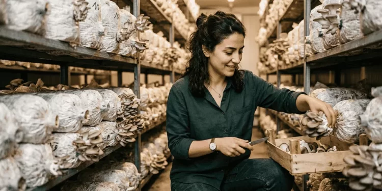 Genç girişimci mantar üretim odasında istiridye mantarı hasatlarken — KOSGEB mantar yetiştiriciliği kursu ve destek rehberi 2026