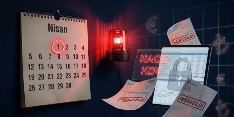 1 Nisan 2026 NACE kodu KDV uyumu zorunluluğunu temsil eden dijital fatura ve takvim görseli