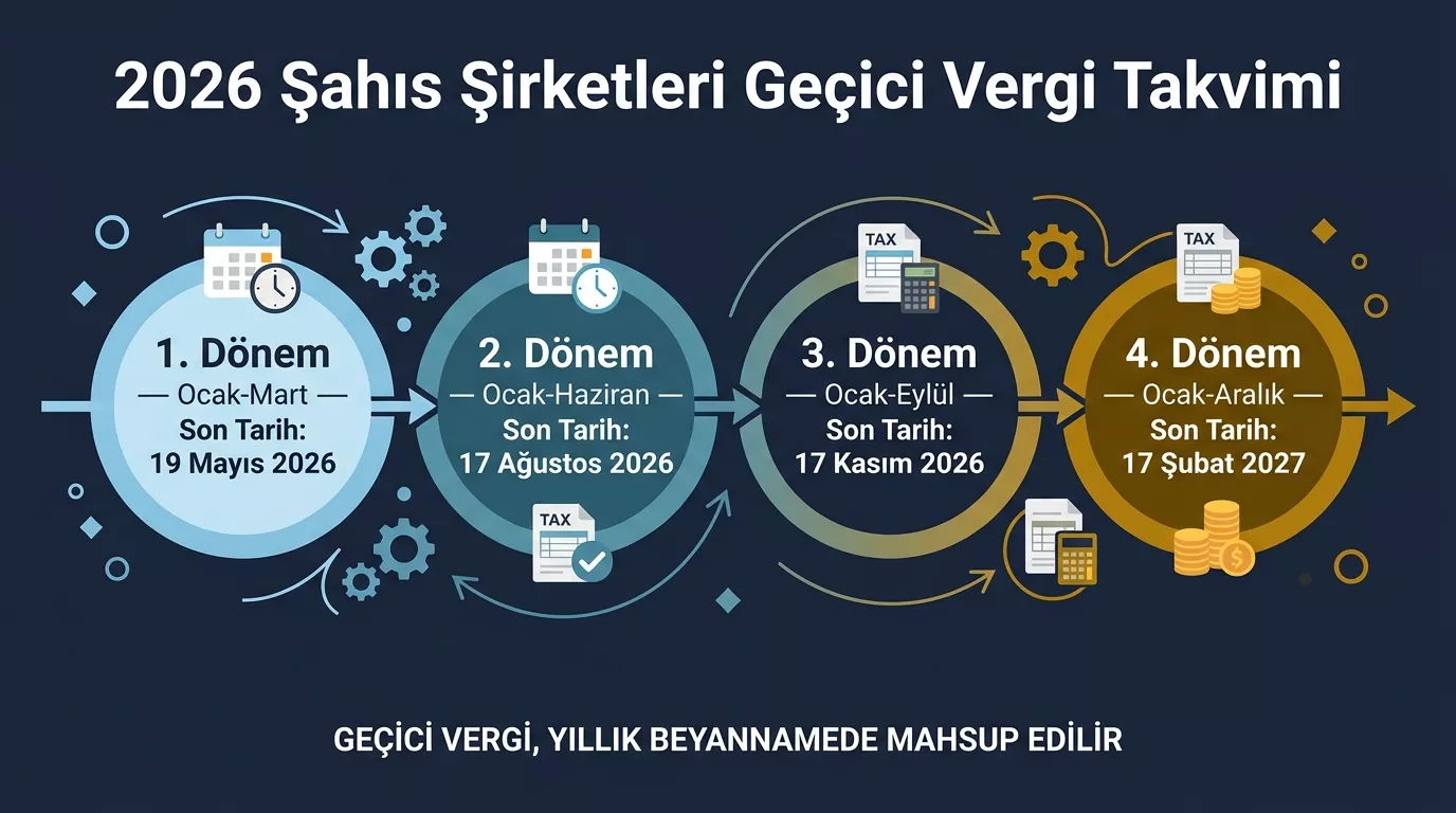 2026 şahıs şirketi geçici vergi dönemleri takvimi — 4 dönem beyan ve ödeme son tarihleri Mayıs Ağustos Kasım Şubat