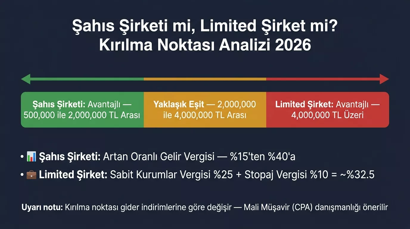 Şahıs şirketi ve limited şirket vergi kırılım noktası analizi 2026 — hangi kazanç seviyesinde limited şirket daha avantajlı