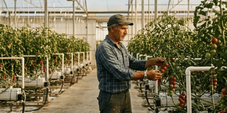 Çiftçi modern serasında TKDK hibe desteğiyle kurduğu hidroponik sistemin yanında — sera hibe desteği 2026 başvuru rehberi