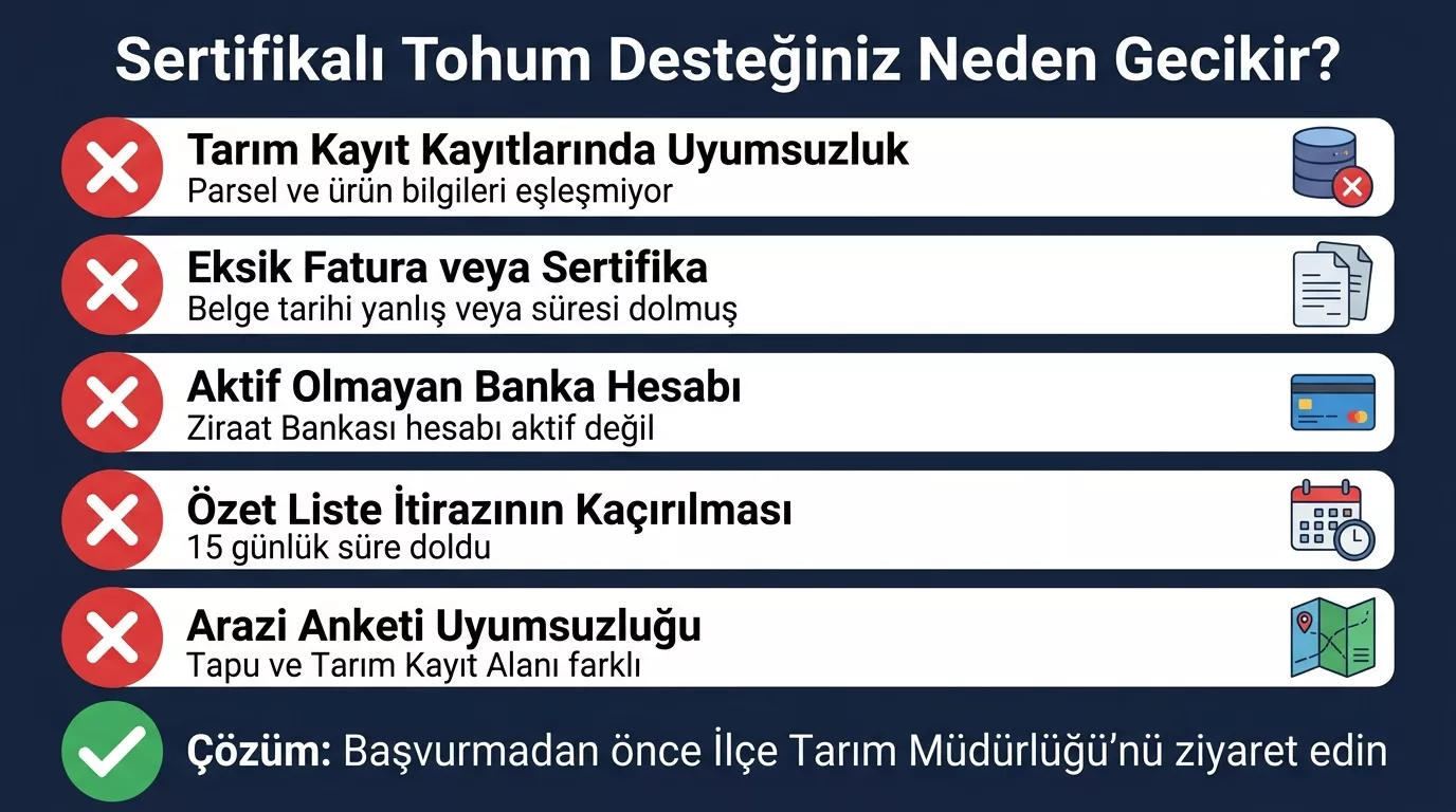 Sertifikalı tohum desteği gecikme nedenleri 2026 — ÇKS uyumsuzluğu, fatura eksikliği, pasif banka hesabı ve icmal listesi itiraz süresi