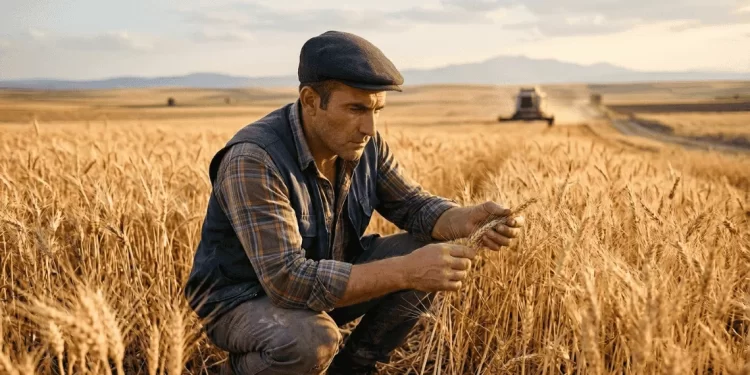 Çiftçi buğday tarlasında hasat kontrolü yaparken — 2026 sertifikalı tohum desteği ödeme tarihi, başvuru takvimi ve birim fiyatlar rehberi