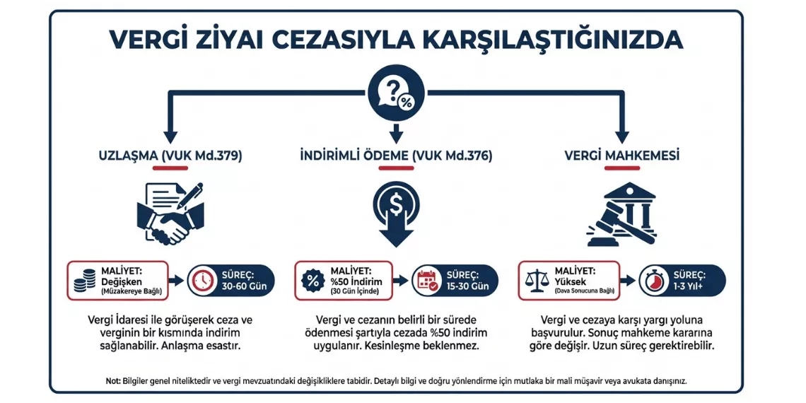Vergi ziyaı cezasında uzlaşma, indirimli ödeme ve vergi mahkemesi yollarını karşılaştıran karar akış şeması — 2026