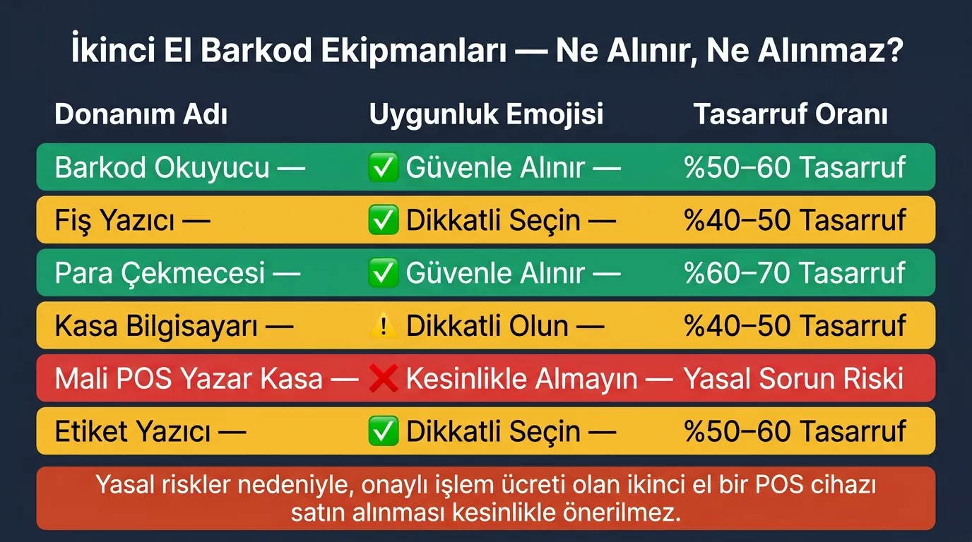 2. el market barkod sistemi uygunluk tablosu 2026 — barkod okuyucu güvenle alınır fiş yazıcı dikkatli para çekmecesi güvenle mali ÖKC kesinlikle almayın tasarruf oranları