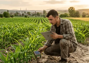Akıllı tarım hibe desteği 2026 – genç çiftçi tarlada tablet ve sensör sistemi kontrol ediyor