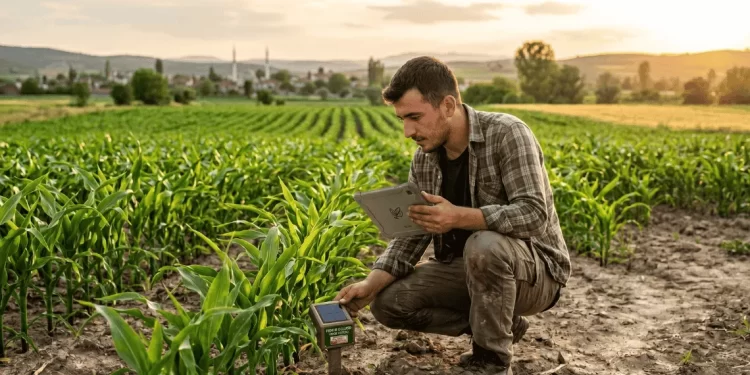 Akıllı tarım hibe desteği 2026 – genç çiftçi tarlada tablet ve sensör sistemi kontrol ediyor