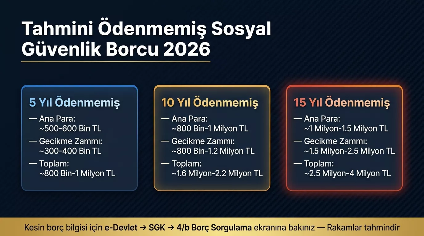 Hiç ödenmemiş Bağ-Kur borcu tahmini 2026 — 5 yıl 800K-1M TL 10 yıl 1,6M-2,2M TL 15 yıl 2,5M-4M TL anapara gecikme zammı toplam borç senaryo tablosu