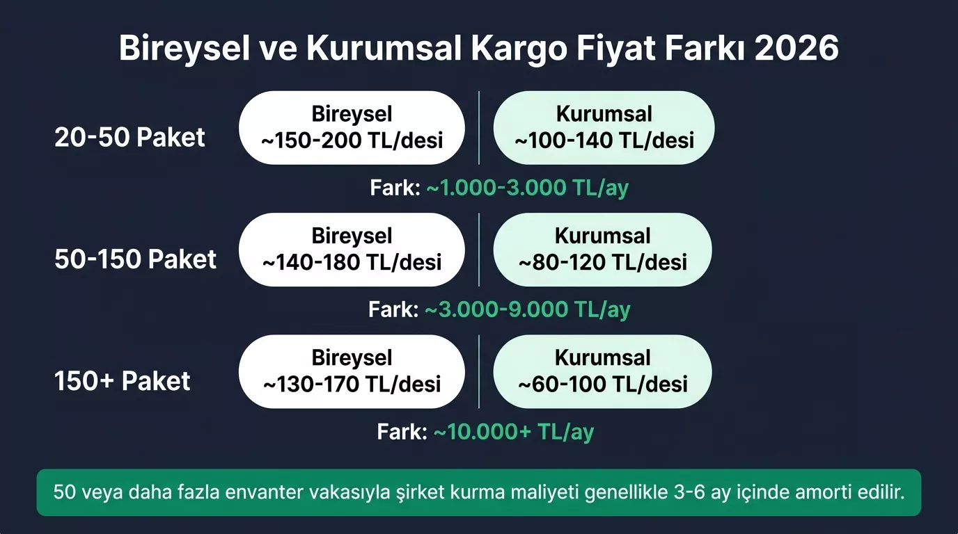 Bireysel ve kurumsal kargo fiyatı farkı 2026 — 20-50 koli aylık 1000-3000 TL tasarruf 50-150 koli 3000-9000 TL şirket kurma avantajı anlaşmalı kargo fiyat analizi