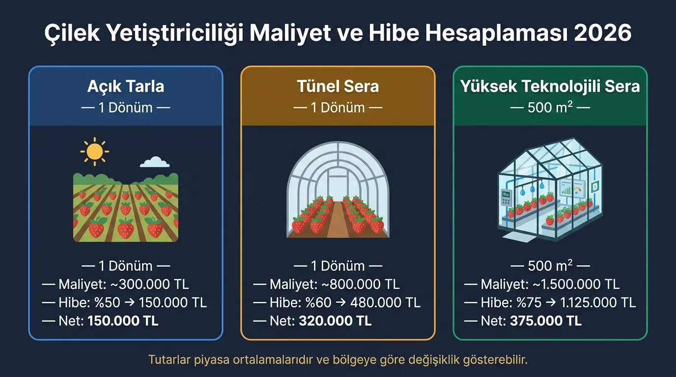 Çilek yetiştiriciliği maliyet hibe hesabı 2026 — açık alan tünel sera yüksek teknoloji sera kurulum maliyeti TKDK hibe tutarı net maliyet karşılaştırma senaryoları